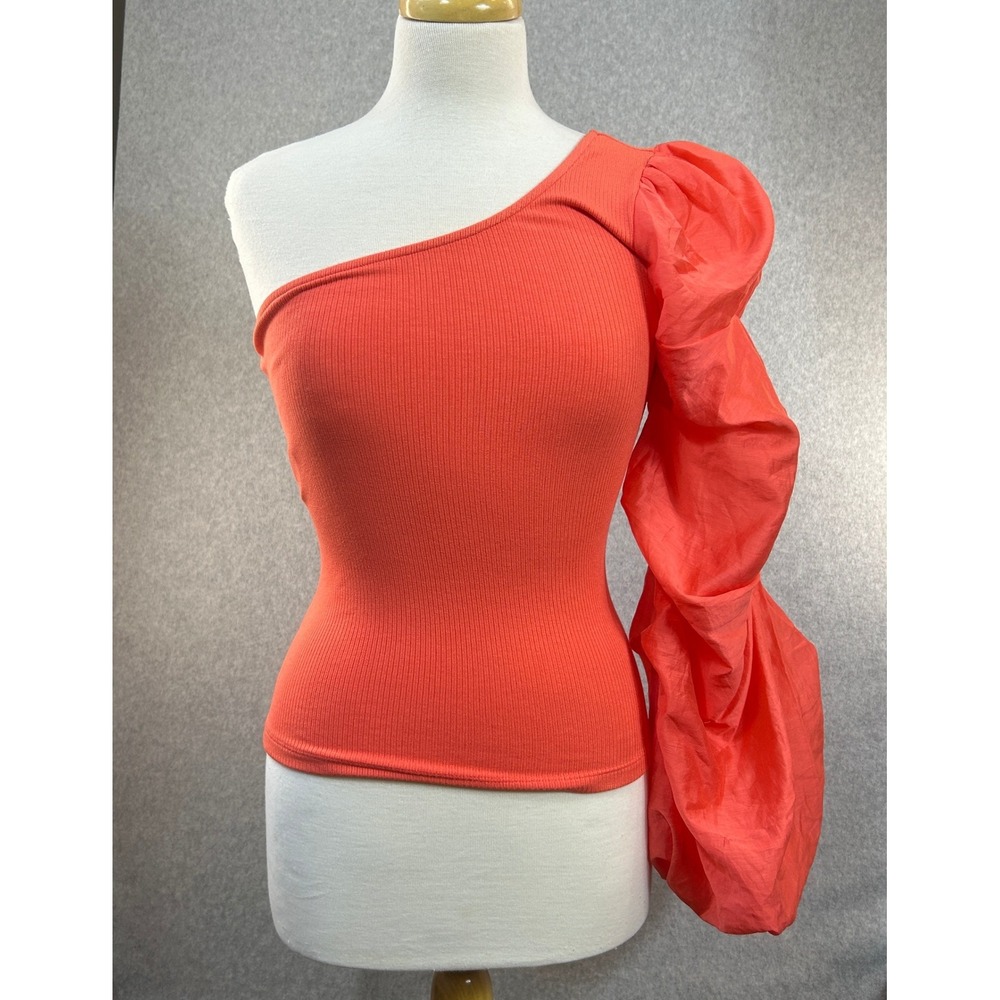 Sunday in Brooklyn‎ Anthro 1 Shoulder Puff Drama Sleeve Blouse Top Orange XS NWT